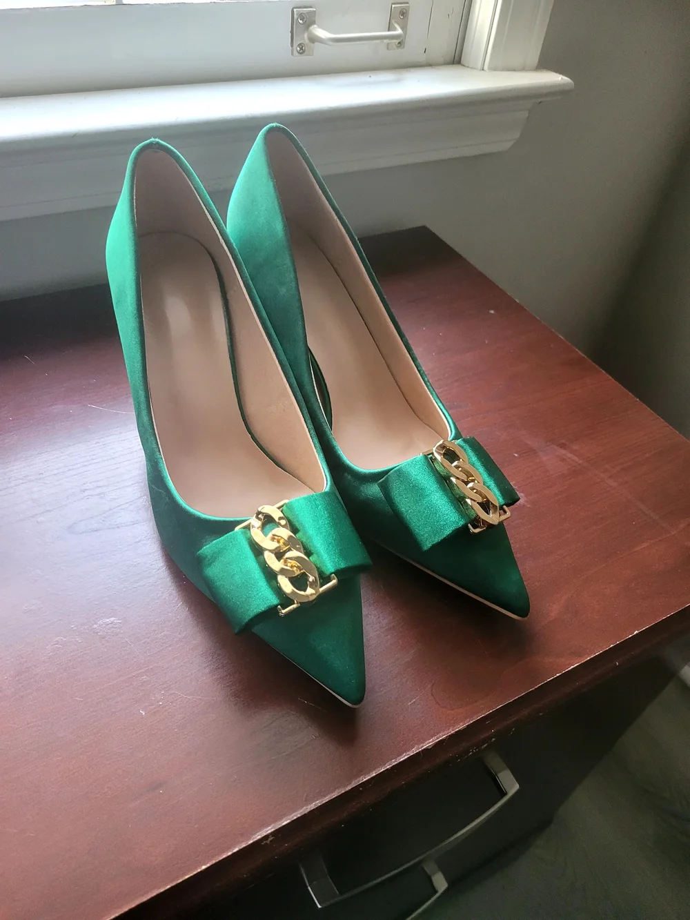 Emerald Green Satin Pointed Toe Pumps with Gold Chain Accent